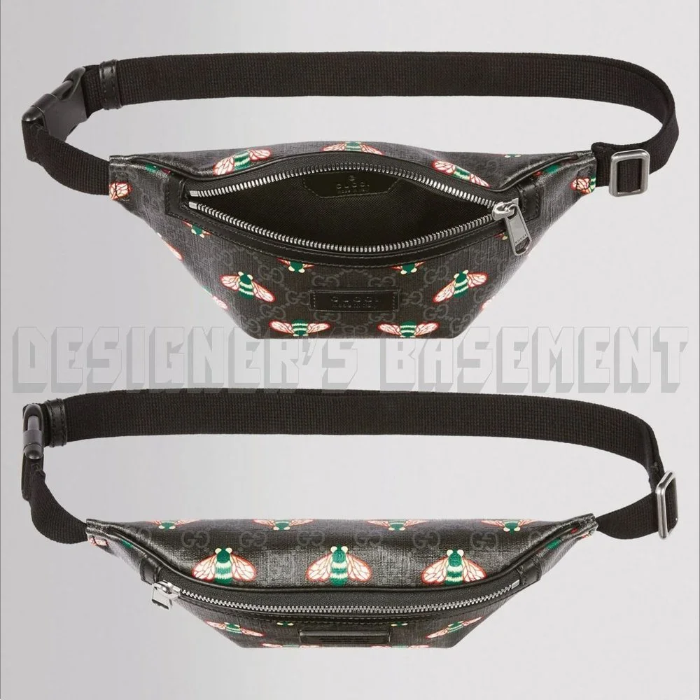 GUCCI black leather BESTIARY Bee GG Supreme canvas crossbody 90-36 Belt BUM bag